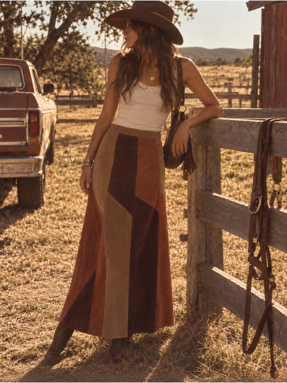 Cotton Candy Patchwork Suede Maxi Skirt - Multi Brown/Tan